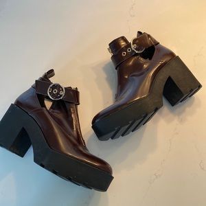 Stradivarius Burgundy Chunky platform zipper buckle booties